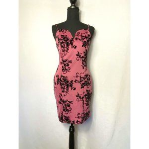 Almost Famous Cocktail Dress Pink Mauve Black Velvet Pattern with Straps Size M